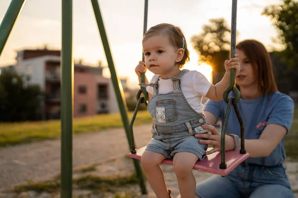 Small Little Girl Toddler Her Mother Park Woman Help Her — ストック写真