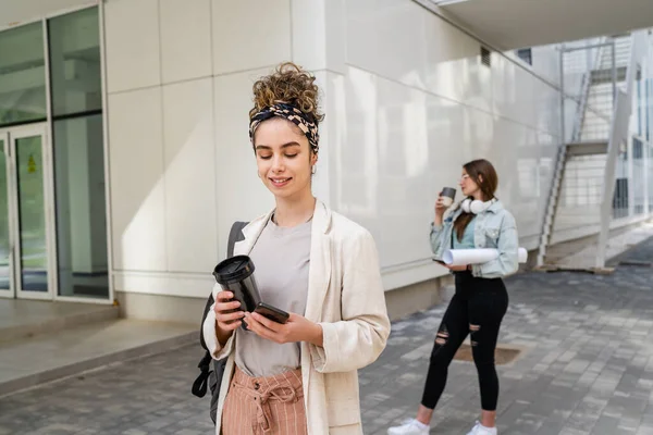 Two Women Female Students Walk Front University Building Day Copy — Stock Photo, Image