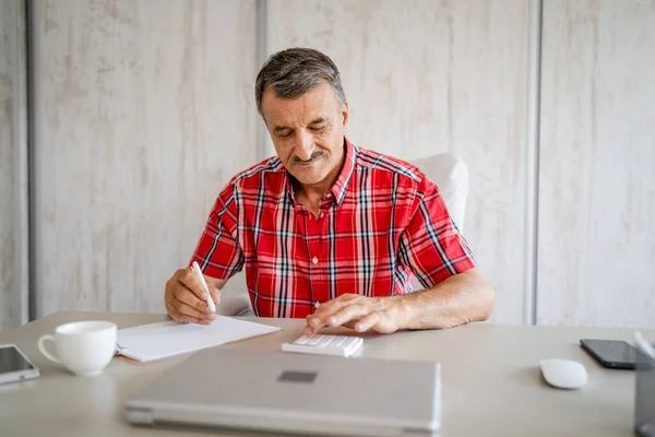 One Man Senior Caucasian Male Working While Sitting Desk Office — Photo