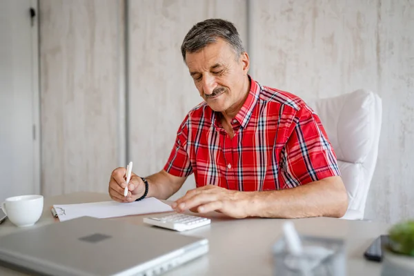 One Man Senior Caucasian Male Working While Sitting Desk Office — Stock Photo, Image
