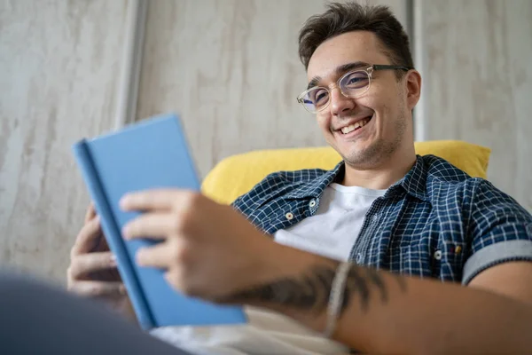 One Man Caucasian Male Young Adult Sitting Chair Home Reading —  Fotos de Stock