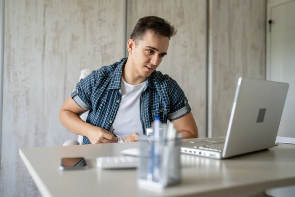 One Caucasian Man Sitting Office Work Working Laptop Computer Day — Fotografia de Stock