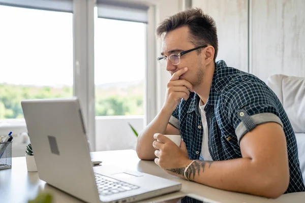 One Caucasian Man Sitting Office Work Working Laptop Computer Day — Foto de Stock