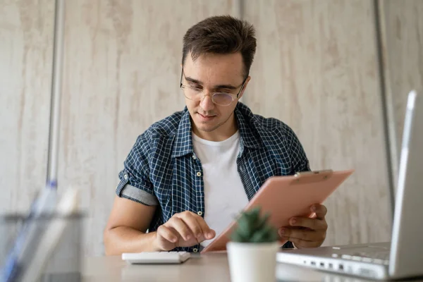 One Man Young Adult Caucasian Male Sitting Desk Office Work — Fotografia de Stock