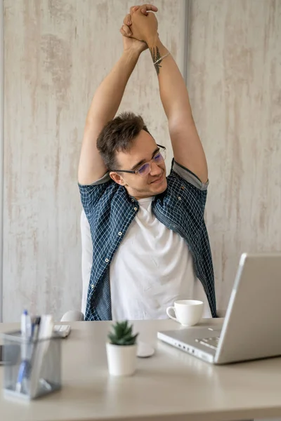 One Man Freelancer Stretch While Sitting Office Work Sitting Chair — Stock Fotó