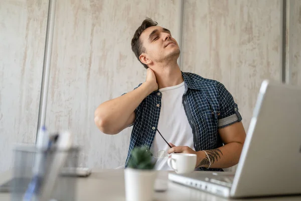 One Man Freelancer Stretch While Sitting Office Work Sitting Chair — Stock Fotó