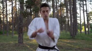 One man karateka caucasian male training karate strikes in the forest in woods in nature in day or evening wear kimono and black belt real people martial arts concept