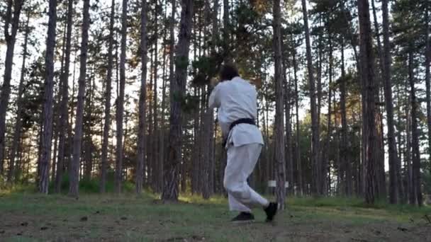 Man Training Karate Forest One Male Athlete Karateka Caucasian Practitioner — Stockvideo