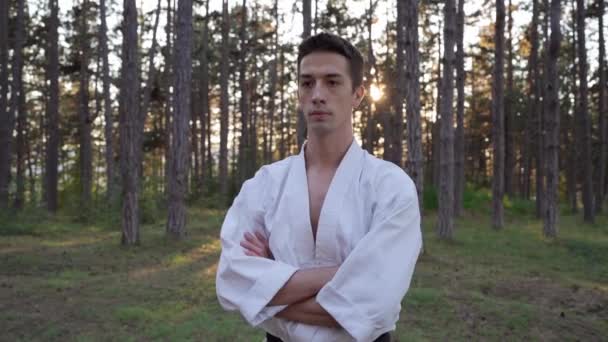 Front View Portrait One Man Young Adult Karateka Karate Practitioner — Stock video
