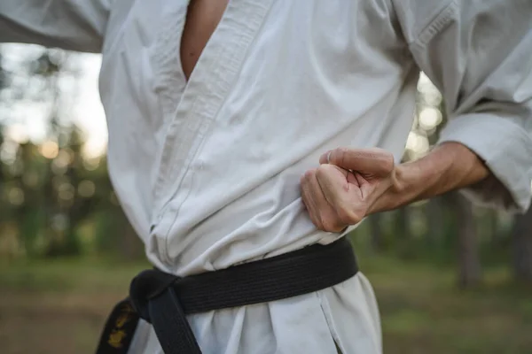 One Man Caucasian Karateka Male Athlete Training Karate Forest Woods — Zdjęcie stockowe