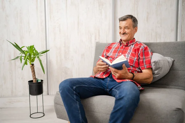 One Man Senior Caucasian Male Mustaches Read Book Home Wear — Stock Fotó