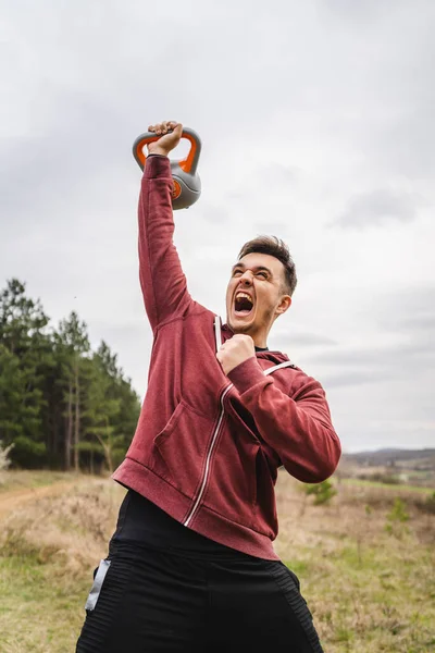 One Caucasian Man Field Nature Training Girya Kettlebell Weight Alone —  Fotos de Stock