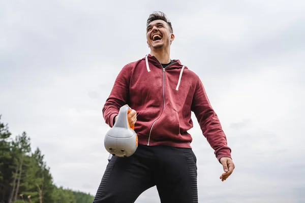 One Caucasian Man Field Nature Training Girya Kettlebell Weight Alone — Stock fotografie