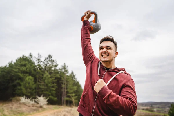 One Caucasian Man Field Nature Training Girya Kettlebell Weight Alone — Stock fotografie