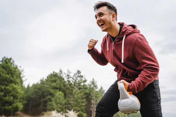 One Caucasian Man Field Nature Training Girya Kettlebell Weight Alone — Stock fotografie