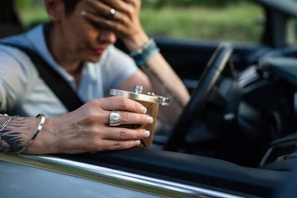 Close Hands Caucasian Woman Holding Flask While Sitting Car Drunk — 스톡 사진