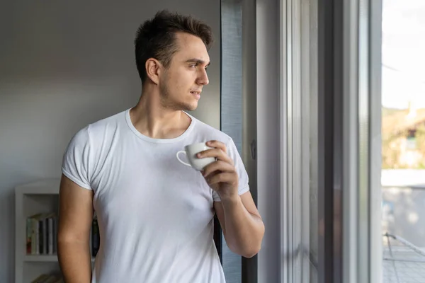 One Man Young Adult Male Caucasian Brown Hair Standing Window — Stockfoto