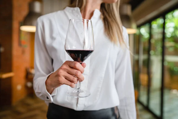 Close Midsection Unknown Caucasian Woman Hold Glass Red Wine While — Foto Stock