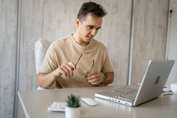 One Caucasian Man Sitting Office Work Working Laptop Computer Day — Stock Fotó