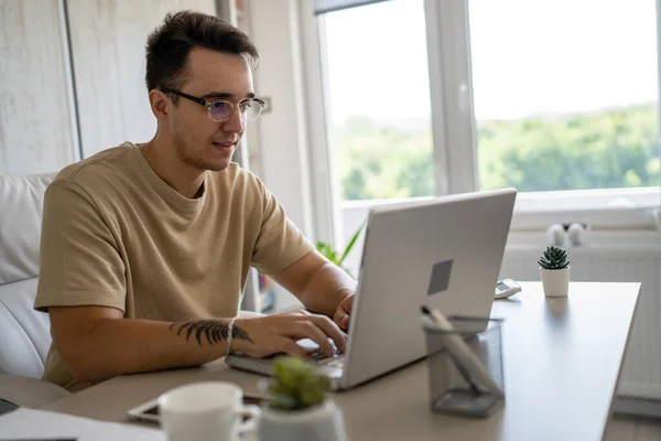 One Caucasian Man Sitting Office Work Working Laptop Computer Day — Zdjęcie stockowe