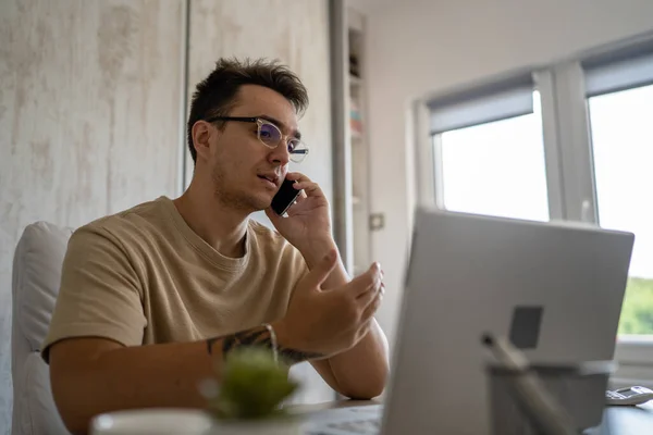 One Man Caucasian Male Sitting Chair Office Work Desk Using — Stock Fotó