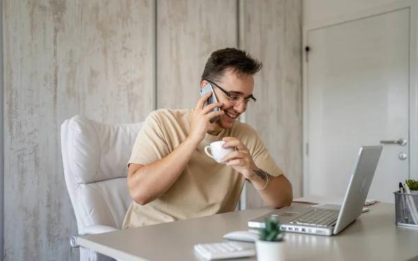 One Man Caucasian Male Sitting Chair Office Work Desk Using — Stockfoto