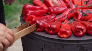 roasting paprika for winter provisions red organic peppers grill on the stove oven to be turned into ajvar a tasty spread unknown woman prepare food traditional way