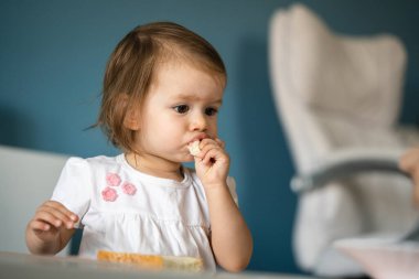 One girl small caucasian toddler child eat bread at home copy space wear white dress looking curious alone growing up childhood development concept