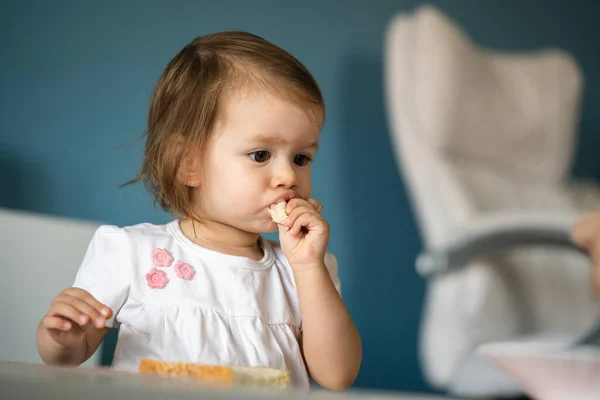 One Girl Small Caucasian Toddler Child Eat Bread Home Copy — Stockfoto