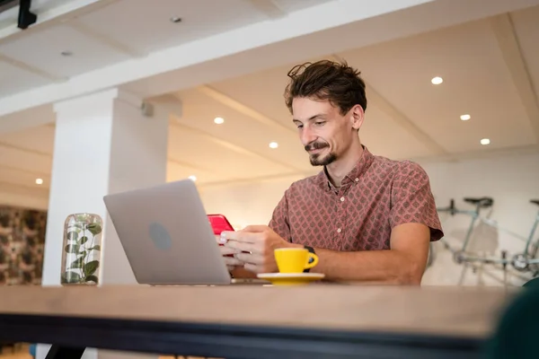 One Caucasian Man Young Adult Millennial Male Using Mobile Phone — Zdjęcie stockowe