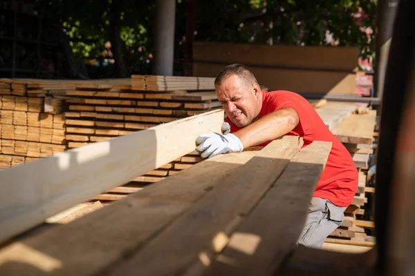 One Man Caucasian Adult Male Standing Warehouse Checking Wooden Plank — Fotografia de Stock