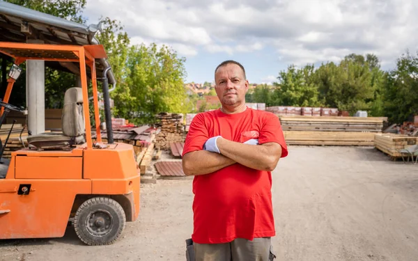 One Man Construction Industry Warehouse Worker Standing Front Fork Lifter — Fotografia de Stock
