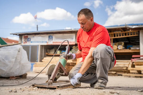 One Man Caucasian Male Construction Warehouse Worker Cutting Iron Armature — Fotografia de Stock