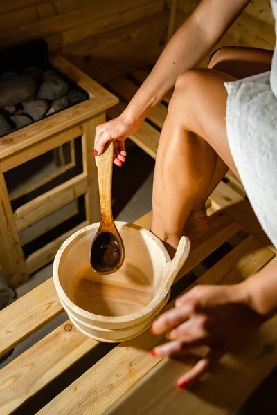 Hand Unknown Caucasian Woman Sauna Spa Taking Water Bucket Wooden — Fotografia de Stock