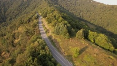 Sırbistan 'ın Knjazevac kenti yakınlarındaki sonbahar veya yaz günlerinde araba kullanan otomobilin yol üzerindeki yüksek açılı hava aracı görüntüsü konsepti