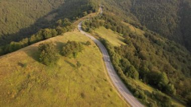 Sırbistan 'ın Knjazevac kenti yakınlarındaki sonbahar veya yaz günlerinde araba kullanan otomobilin yol üzerindeki yüksek açılı hava aracı görüntüsü konsepti