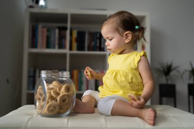Bir küçük beyaz bebek evde oturup cam kavanozdan kurabiye yiyor ve çocukluk konseptini evde kopyalıyor.