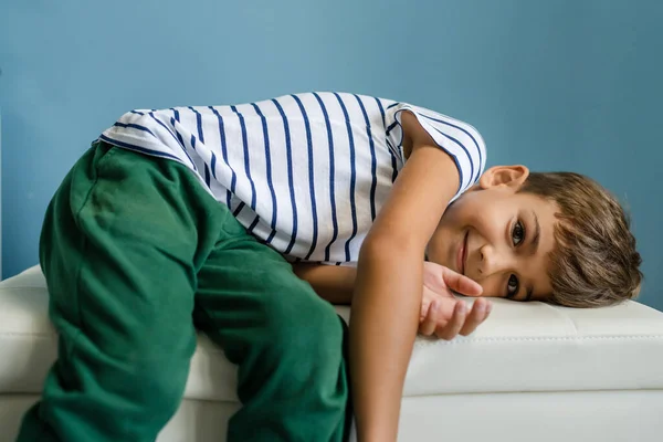 One Preschool Boy Caucasian Child Laying Couch Home Front Blue — Stock Photo, Image
