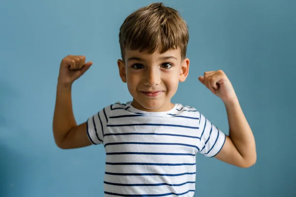 One Caucasian Boy Child Front Blue Wall Home Goofing Indoor — Stock Photo, Image