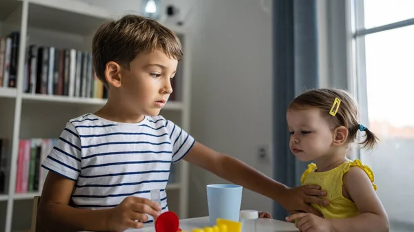 Förskola Pojke Leker Hemma Med Vetenskap Experiment Medan Hans Lilla — Stockfoto