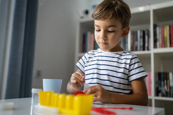 One Preschool Boy Playing Home Sitting Table Science Experiments Looking — Stock Photo, Image