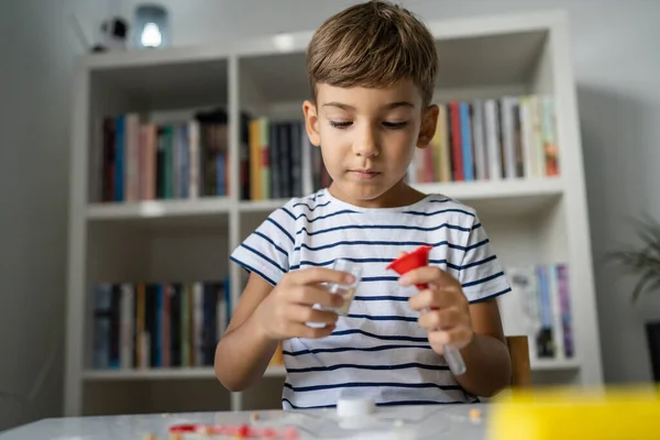 One Preschool Boy Playing Home Sitting Table Science Experiment Toys — Stock Photo, Image