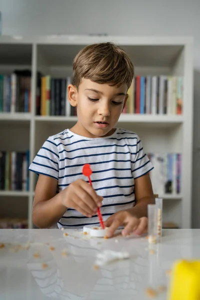 One Preschool Boy Playing Home Sitting Table Science Experiment Toys — Stock Photo, Image