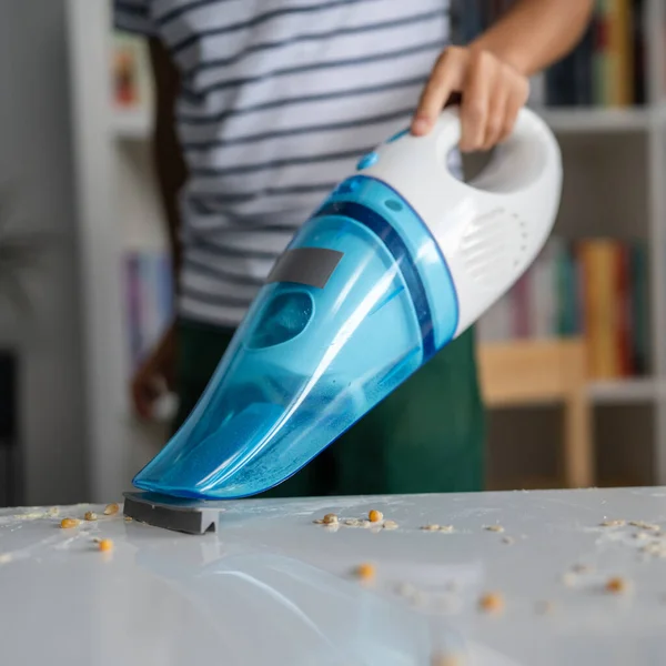 One Preschooler Boy Cleaning Mess Table Hand Vacuum Cleaner Playing — Stock Photo, Image