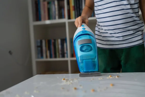 One Preschooler Boy Cleaning Mess Table Hand Vacuum Cleaner Playing — Stock Photo, Image