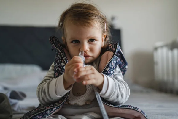 One Girl Little Caucasian Child Toddler Nose Snot Sucker Nasal — Stock Photo, Image
