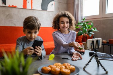 Erkek ve kız kardeş iki kardeş cep telefonuyla video blogu yapıyorlar evlerinden internet günlüğü için en sevdikleri oyuncak eleştirisi hakkında sosyal ağ kopyalama alanı için içerik oluştur ve paylaş