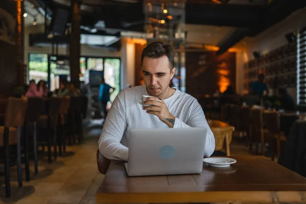 One Man Young Adult Caucasian Male Sitting Cafe Laptop Computer — Stock Photo, Image