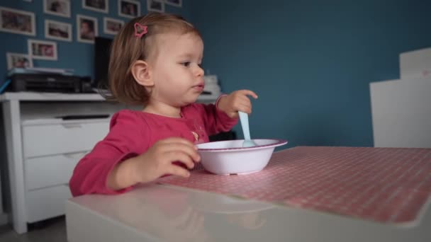 One Small Caucasian Girl Little Toddler Daughter Female Child Eat — Stock Video
