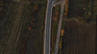 Sonbahar günü otomobillerle yol manzaralı asfalt kırsal alanda asfalt üzerinde seyir konseptini geçen araçlar doğada tepeden tırnağa seyahat konsepti.